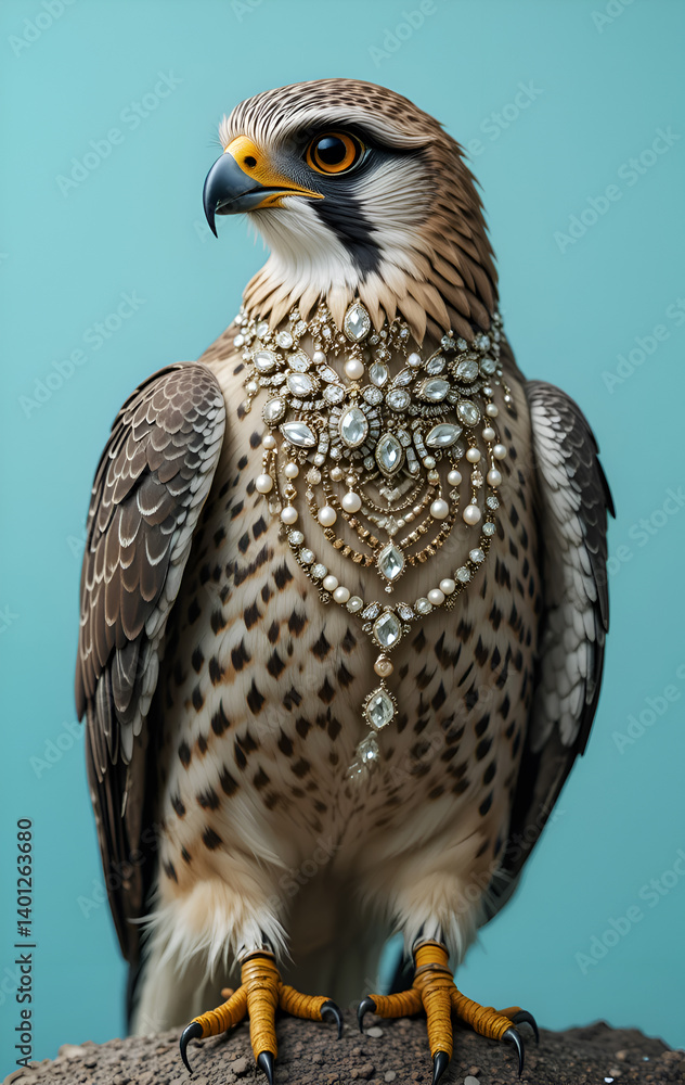 beautiful hawk in diamond precious necklace against blue background. Digital art. Ai generated
