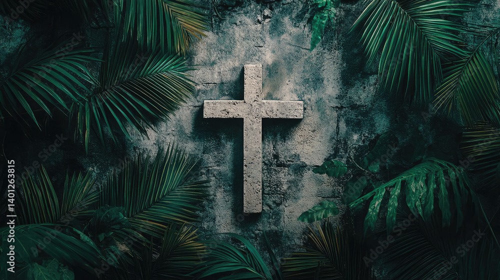 Christian cross among palm leaves on blurred background, Palm Sunday, Christianity, religious holiday, Easter, Catholicism