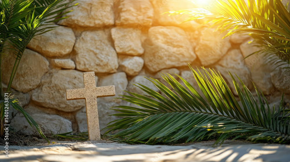Christian cross among palm leaves on blurred background, Palm Sunday, Christianity, religious holiday, Easter, Catholicism