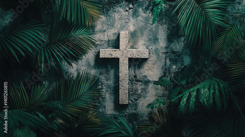 Obraz na płótnie Christian cross among palm leaves on blurred background, Palm Sunday, Christianity, religious holiday, Easter, Catholicism w salonie