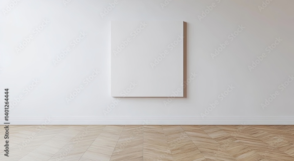 Empty white wall with a blank canvas and herringbone wooden floor. Empty white wall with a blank canvas and herringbone wooden floor.