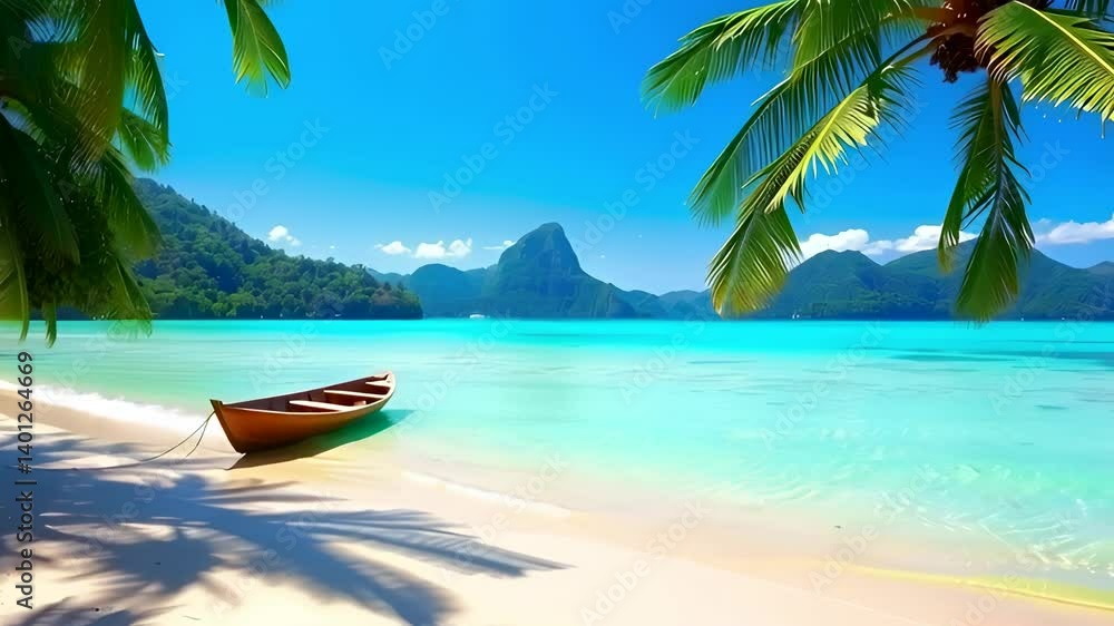 Serene tropical beach scene wooden boat on pristine white sand turquoise water lush palm trees sunny Serene tropical beach scene wooden boat on pristine white sand turquoise water lush palm trees sunny