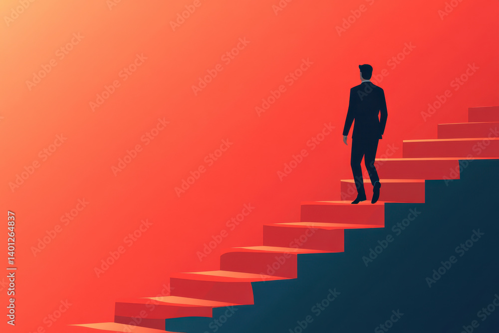 Man climbing stairs against red backdrop. Man climbing stairs against red backdrop.