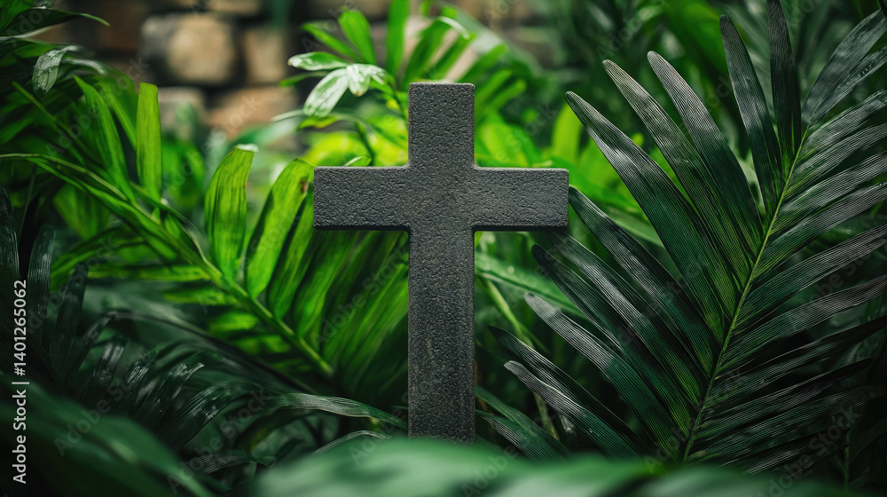 Christian cross among palm leaves on blurred background, Palm Sunday, Christianity, religious holiday, Easter, Catholicism