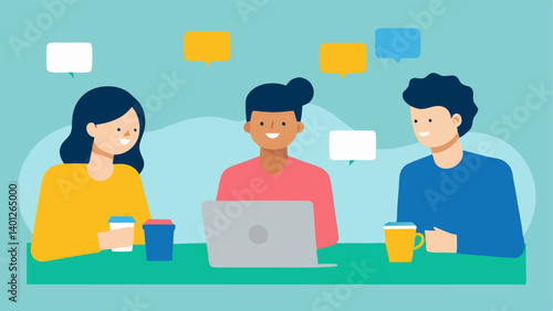 Discussing with Peers A group of three individuals in a casual setting brainstorming around a table with postit notes and coffee cups sharing insights on how to improve based on