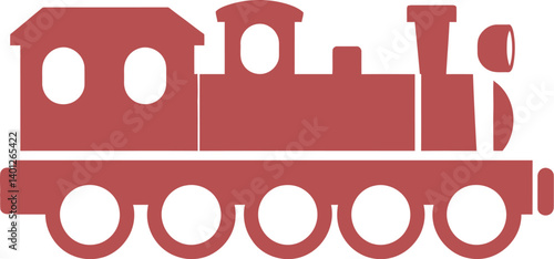 Red Silhouette of a Classic Steam Locomotive with a Cabin, Chimney, and Four Large Wheels