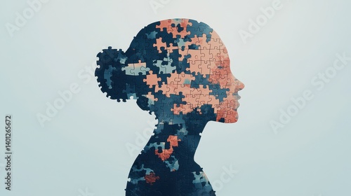 Profile silhouette of a woman filled with colorful puzzle pieces representing identity and self-discovery contrast