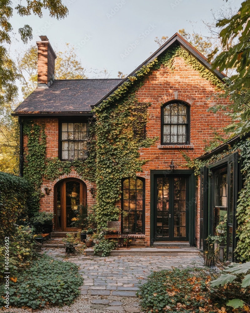 Ivy Covered Brick House with Stone Pathway Autumn Day Ivy Covered Brick House with Stone Pathway Autumn Day