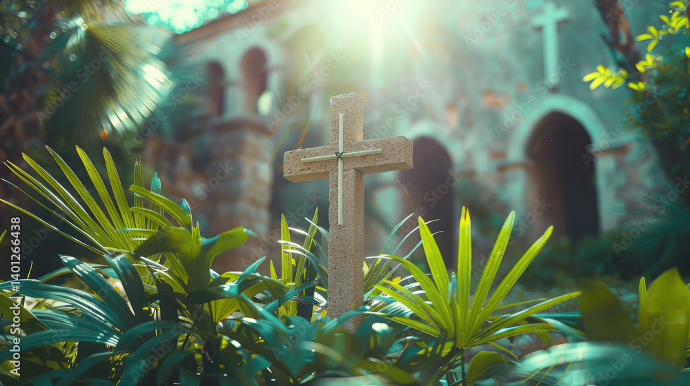 Christian cross among palm leaves on blurred background, Palm Sunday, Christianity, religious holiday, Easter, Catholicism
