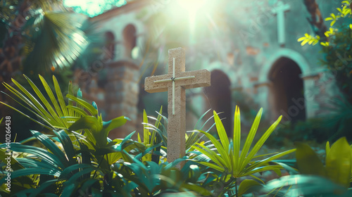 Obraz na płótnie Christian cross among palm leaves on blurred background, Palm Sunday, Christianity, religious holiday, Easter, Catholicism w salonie