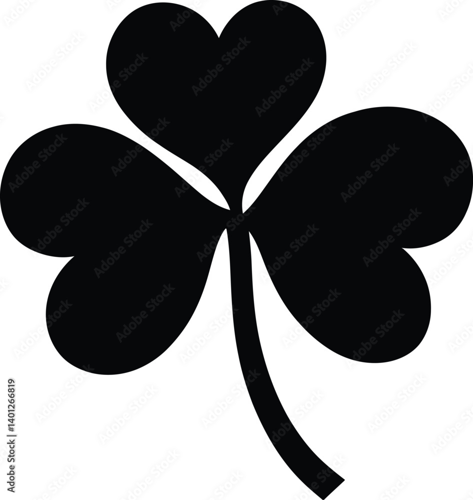 Black Silhouette of a Three-Leaf Clover with Heart-Shaped Leaves on a Single Stem Black Silhouette of a Three-Leaf Clover with Heart-Shaped Leaves on a Single Stem