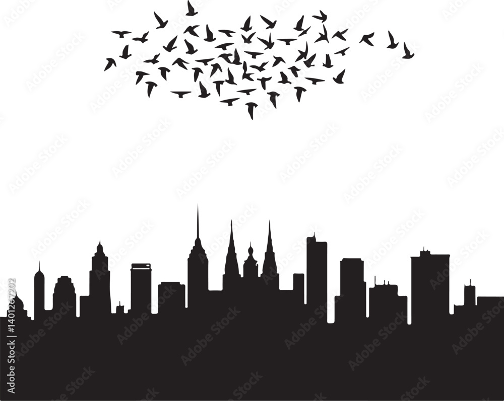 Naklejka premium city skyline with birds in heart shape silhouette 