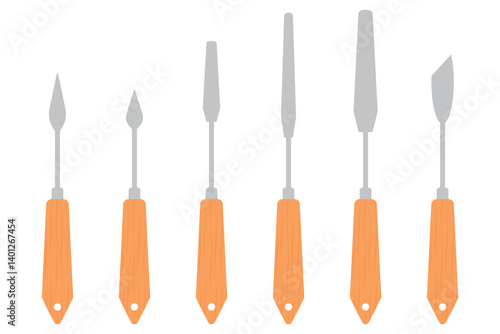 Set of palette knives with wooden handle. Artist accessories. Isolated vector illustration in flat style.