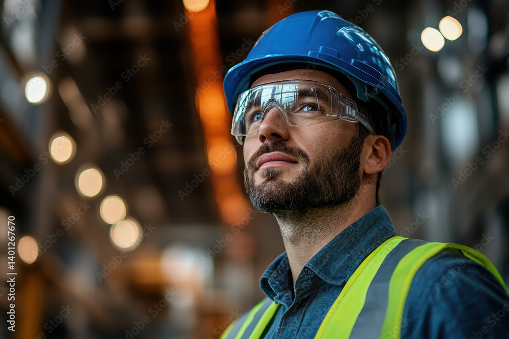 Man in safety glasses and hard hat working at construction site with blueprints in hand, inspecting progress of building project. Man in safety glasses and hard hat working at construction site with blueprints in hand, inspecting progress of building project.