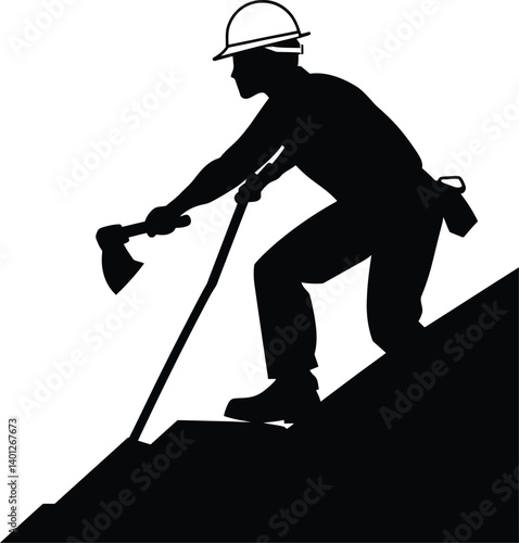 Silhouette of a Hard-Hat Worker Using a Tool on a Steep Surface, Representing Construction or Manual Labor