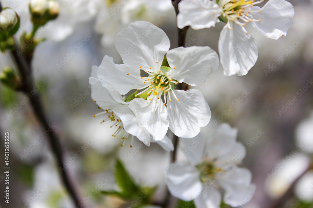 Beautiful spring cherry tree blossom. Close-up of white cherry tree branches blossom in spring. Beautiful spring cherry tree blossom. Close-up of white cherry tree branches blossom in spring.