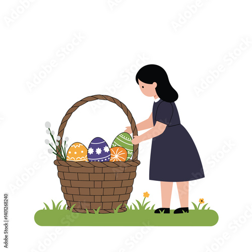 Young girl collecting colorful Easter eggs in a basket flat vector art