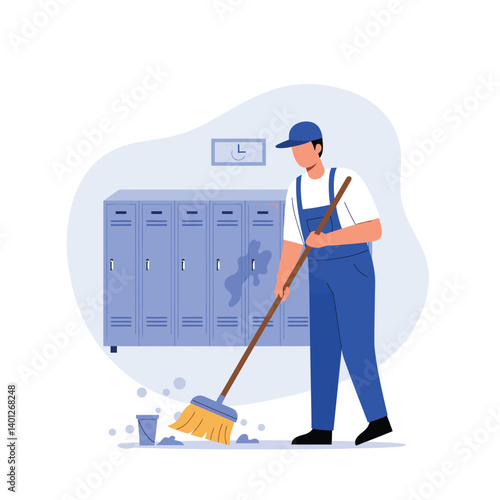 Man cleaning floor with broom in minimal style vector art