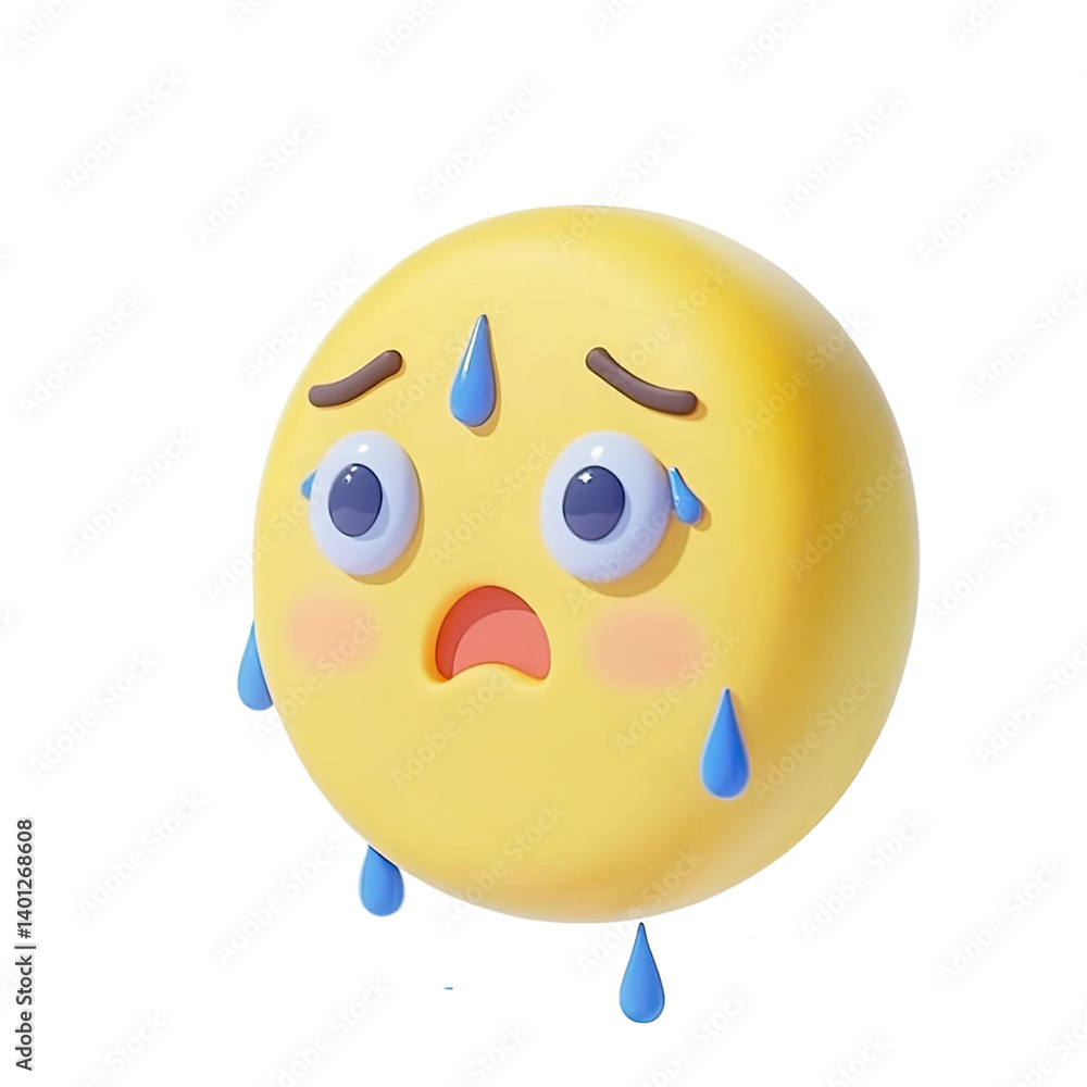Fototapeta premium 3D emoji depicting worry with yellow face blue tears and sweat drops on transparent background