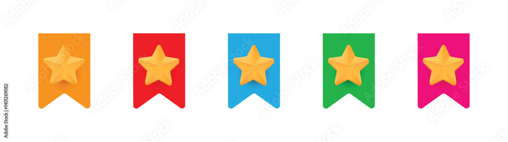 Obraz premium Set of colorful ribbons with yellow star for bookmarking favorite pages, websites and items. Vector illustration
