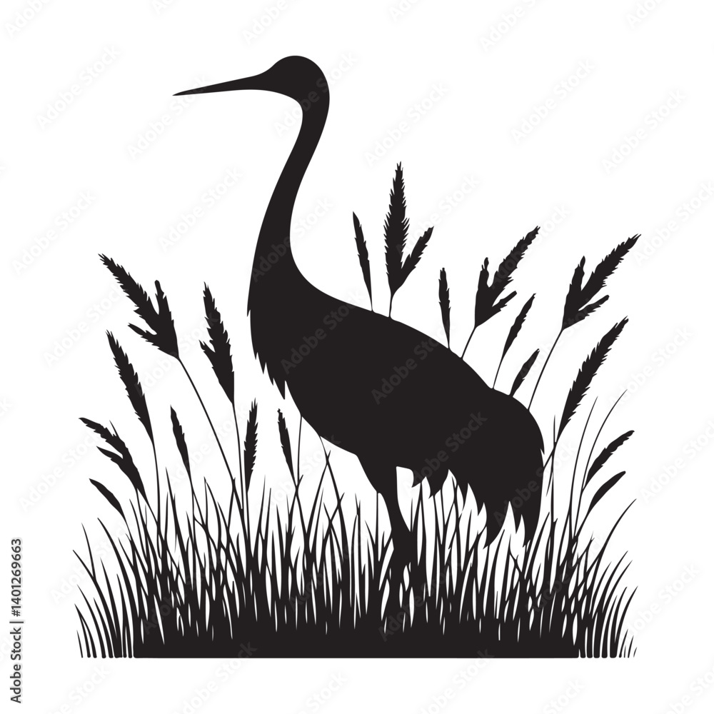 Fototapeta premium Stylized Crane Silhouette in Grasses Illustration for Nature Designs