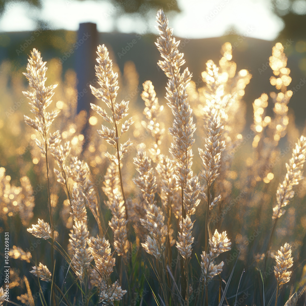 Fototapeta premium Golden wheat field glowing under sunlight with blurred background.