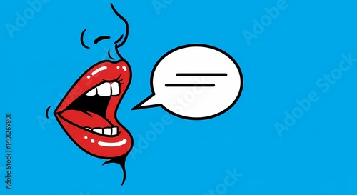 An illustration of a woman's mouth speaking with a blank speech bubble next to it, against a solid blue background. The image has a pop art style with bold lines and vibrant colors.
