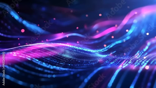 Abstract waves flow with purple and blue hues, creating a visually captivating, dynamic composition