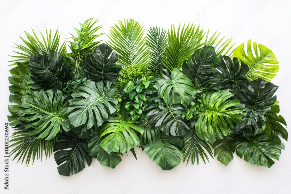Lush arrangement featuring monstera and palm leaves against a white canvas Lush arrangement featuring monstera and palm leaves against a white canvas