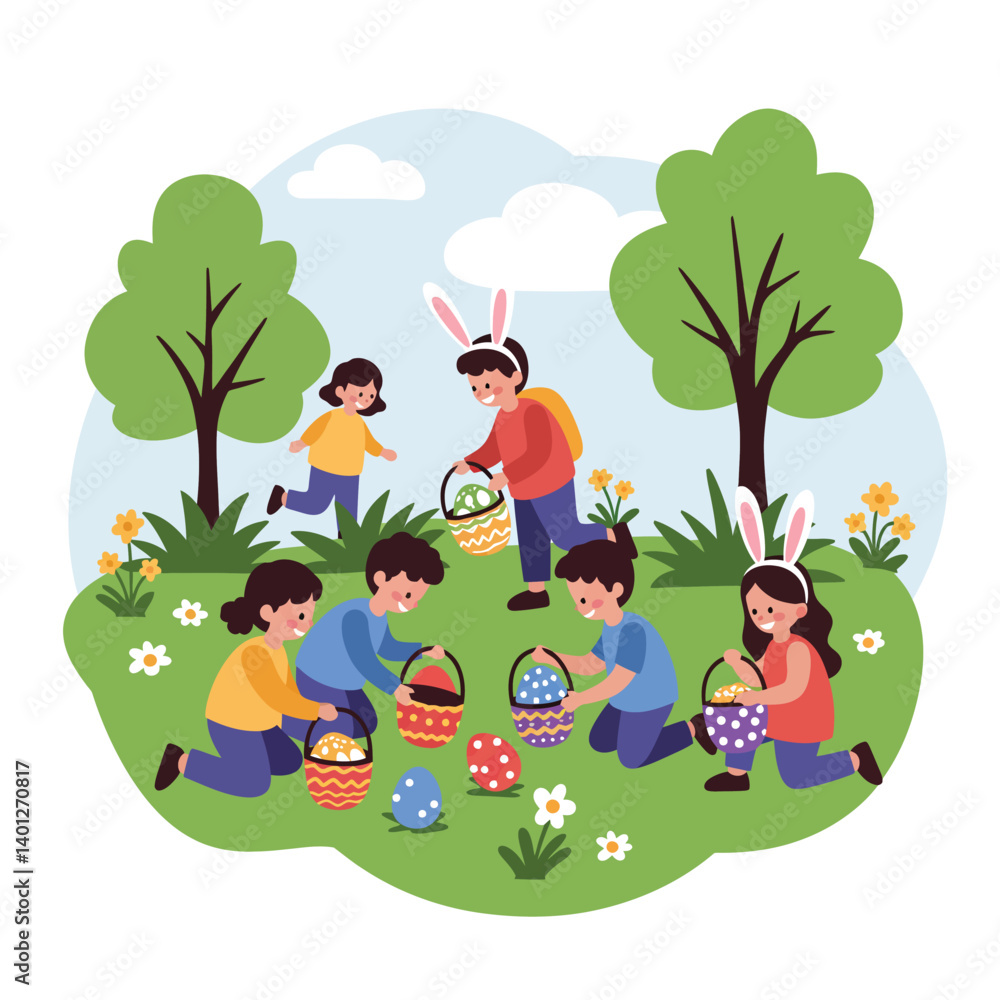Fototapeta premium Children with Easter baskets hunting eggs in a playful scene, flat vector illustration