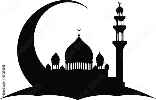 Mosque Silhouette with Crescent Moon Minimalist Black Illustration for Islamic Architecture and Religious Themes