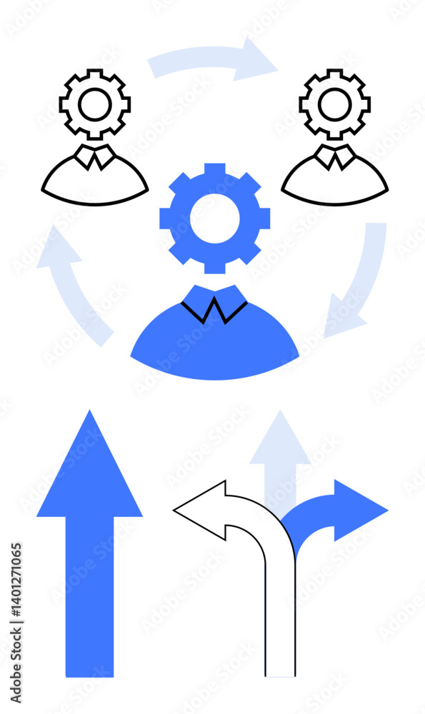 People icons connected by gears symbolizing collaboration, circular arrows for workflow, and directional arrows for decision-making. Ideal for teamwork, leadership, career path, problem-solving People icons connected by gears symbolizing collaboration, circular arrows for workflow, and directional arrows for decision-making. Ideal for teamwork, leadership, career path, problem-solving