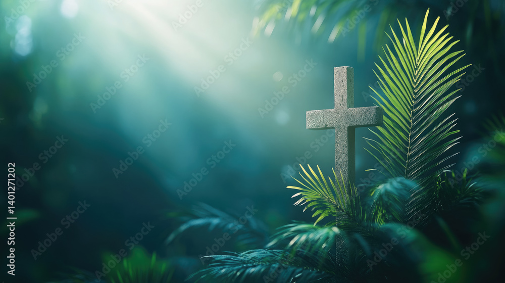 Christian cross among palm leaves on blurred background, Palm Sunday, Christianity, religious holiday, Easter, Catholicism