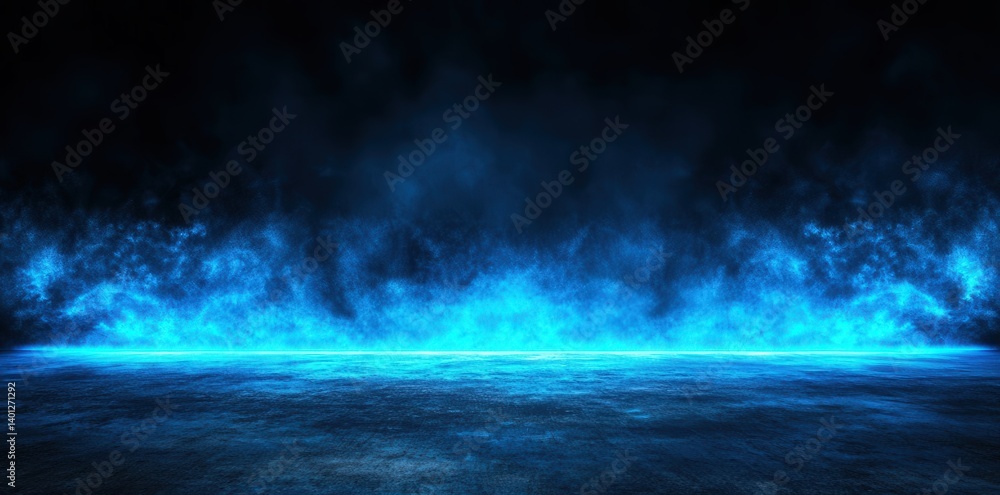 Fototapeta premium Abstract blue and black background with a spotlight on a concrete floor, featuring smoke in a dark room. Ideal for product presentations, mockups, and photo studio displays.
