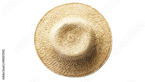 A top view of a stylish straw hat with a wide brim, perfect for summer outings or beach days, isolated on a white background.