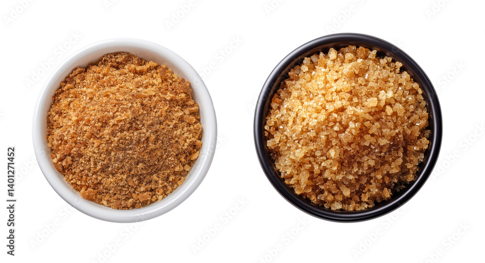 Top view of crushed palm sugar in white and black ceramic bowls, isolated on transparent background, ideal for traditional Asian desserts, natural sweetener visuals, or ingredient product mockups Top view of crushed palm sugar in white and black ceramic bowls, isolated on transparent background, ideal for traditional Asian desserts, natural sweetener visuals, or ingredient product mockups