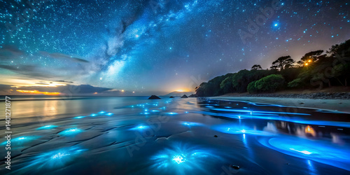 A glowing bioluminescent beach under a starry night sky