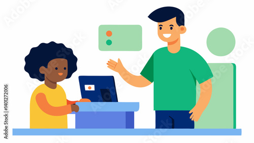 Kids and Biometrics A parent guiding their child to use a fingerprint scanner while checking out promoting the ease and speed of biometric payments.