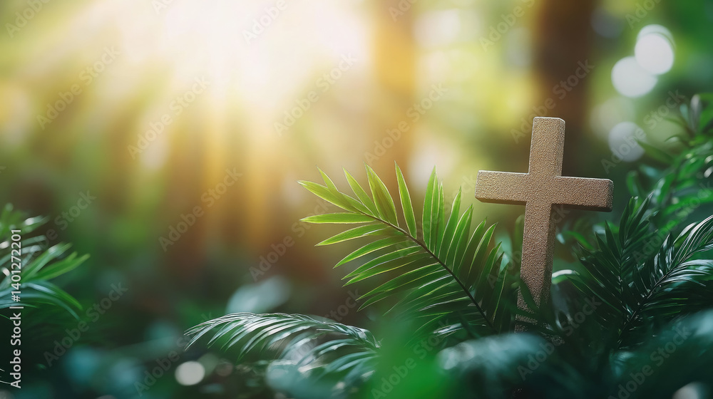 Christian cross among palm leaves on blurred background, Palm Sunday, Christianity, religious holiday, Easter, Catholicism