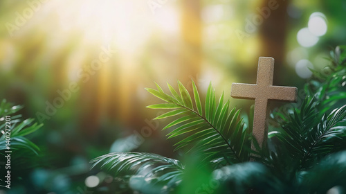 Obraz na płótnie Christian cross among palm leaves on blurred background, Palm Sunday, Christianity, religious holiday, Easter, Catholicism w salonie