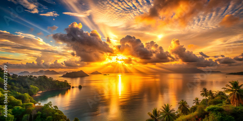 A glowing sunset casting golden light over an ethereal paradise