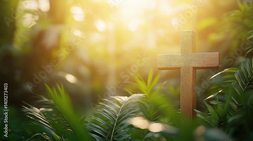 Obraz na płótnie Christian cross among palm leaves on blurred background, Palm Sunday, Christianity, religious holiday, Easter, Catholicism w salonie