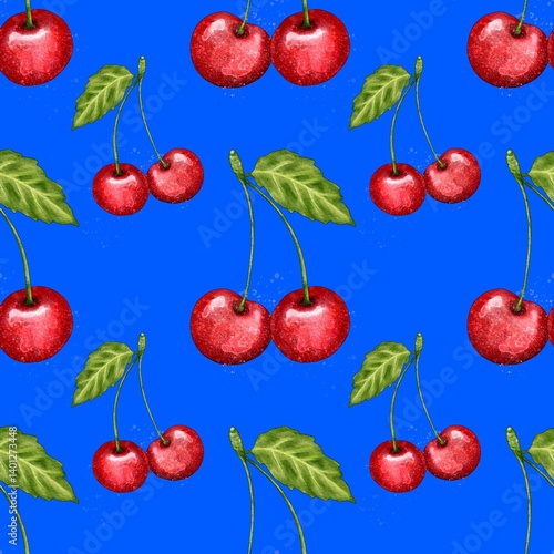 seamless pattern with cherries, red cherry pattern, food illustration, watercolor style