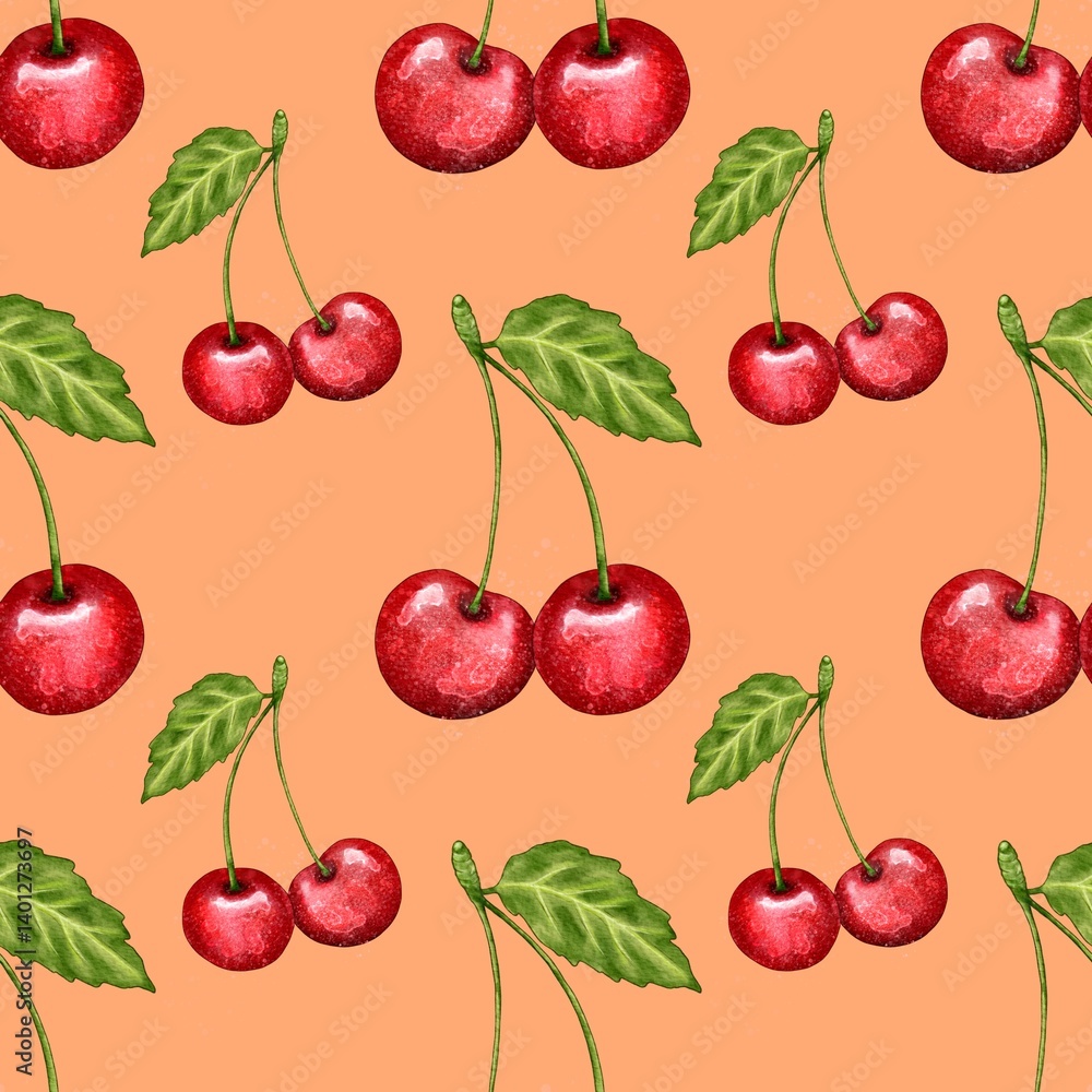 seamless pattern with cherries, red cherry pattern, food illustration, watercolor style seamless pattern with cherries, red cherry pattern, food illustration, watercolor style