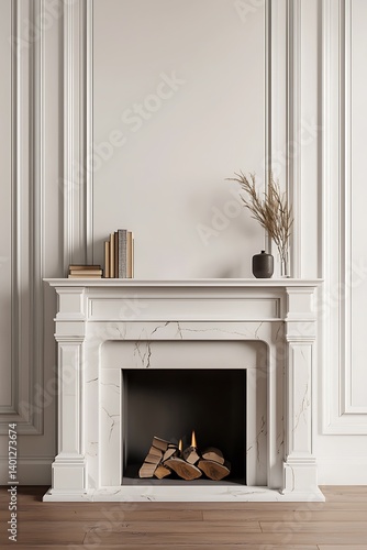 Unlit Traditional Fireplace with Blank Walls and a Mockup Shelf on Mantle, 3D Render for Room Design