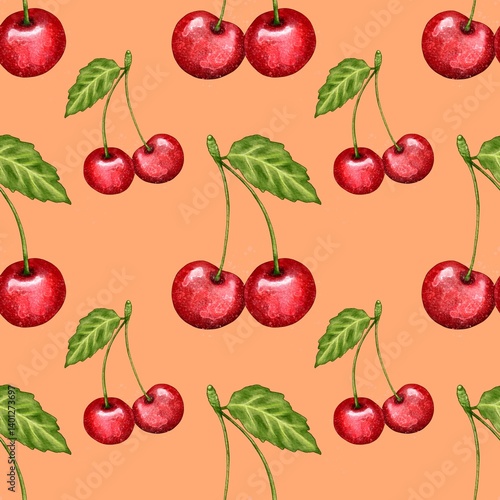 seamless pattern with cherries, red cherry pattern, food illustration, watercolor style