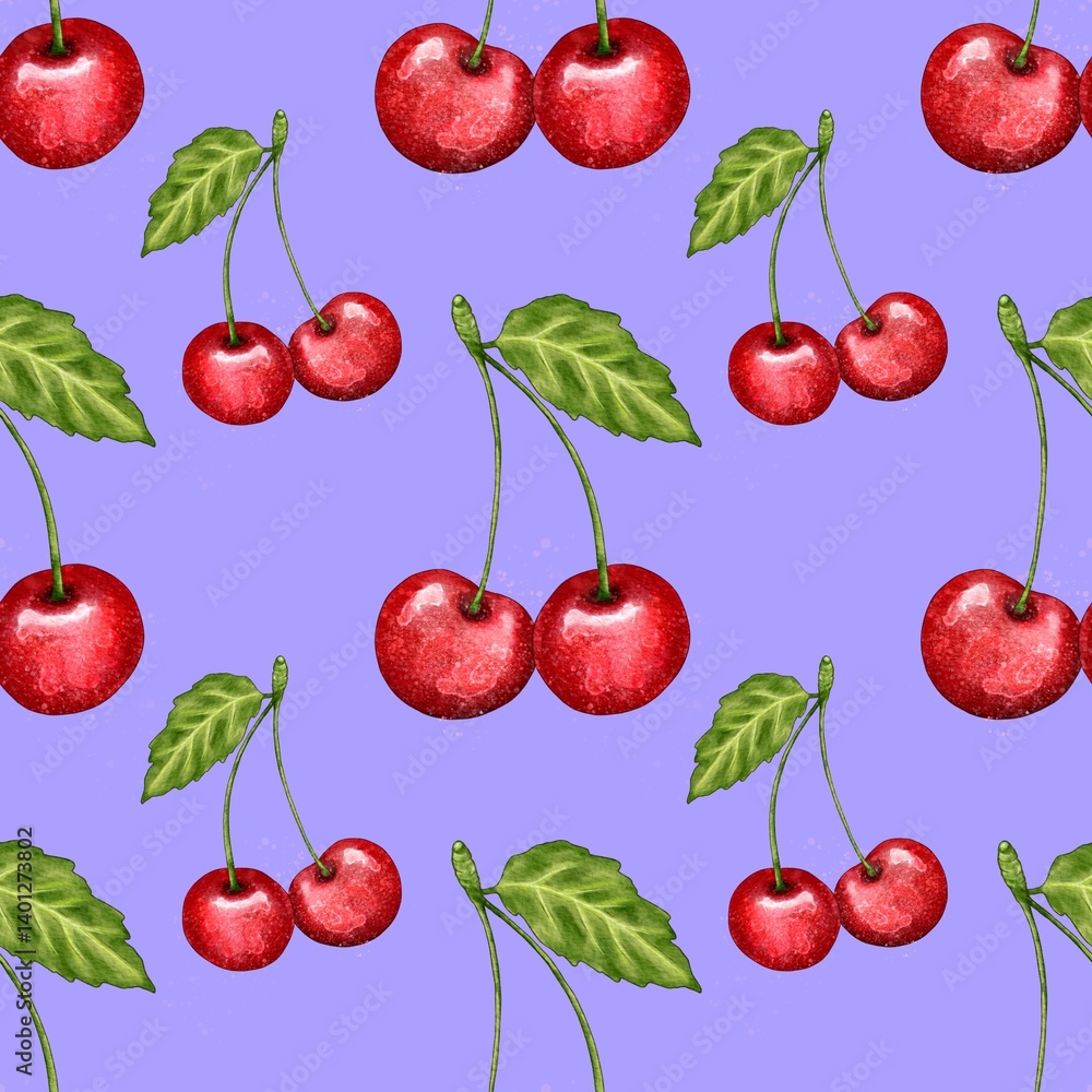 seamless pattern with cherries, red cherry pattern, food illustration, watercolor style seamless pattern with cherries, red cherry pattern, food illustration, watercolor style