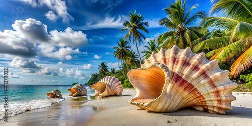 Giant seashells decorating the shoreline of an untouched island