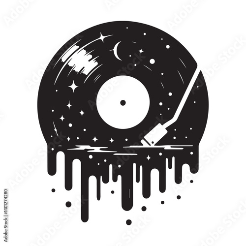 Cosmic music record melting vinyl silhouette artistic vector design