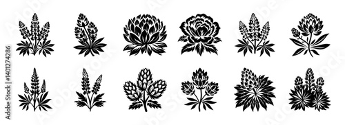 Collection of Black and White Floral Silhouettes Lupine Peony Hop Flowers Botanical Illustrations